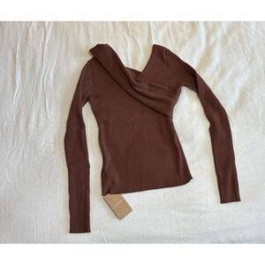 Rihoas Women's Sweater Large Brown Coffee V-neck Ribbed Knit Slim Stretchy‎ Soft